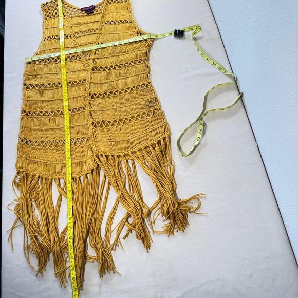 Rock & Roll Cowgirl Mustard Yellow Macrame Fringe Vest Longline Boho Women's L - Picture 12 of 13